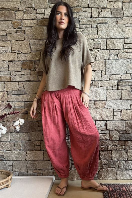 Annie Cushion Cotton Cuff Barrel Pant Rhubarb Rose